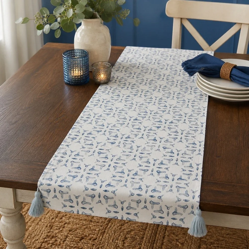 Threshold Cotton Table Runner Tassels Blue Coastal Farmhouse Decor (13.5